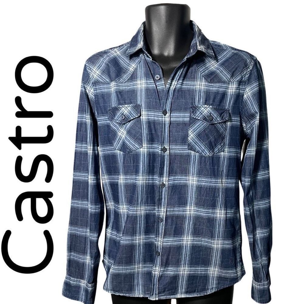 CASTRO Men’s Plaid Long Sleeve Cotton Button Down, Blue & White Size M